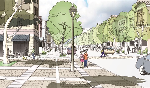 Rendering of modern development with trees and street.
