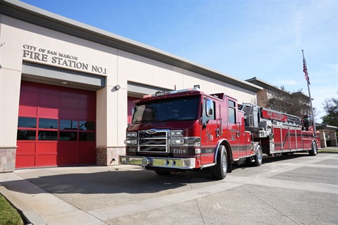 Fire engine in front of fire station